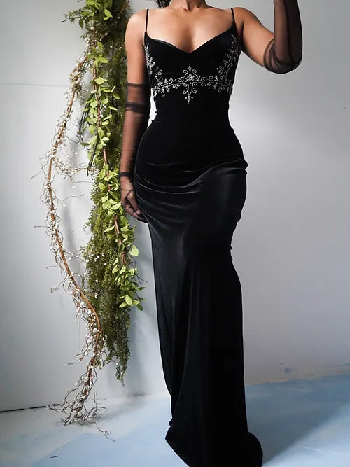 Vestido de fiesta vintage de terciopelo negro con tirantes finos y corte sirena, sin espalda, TP2543