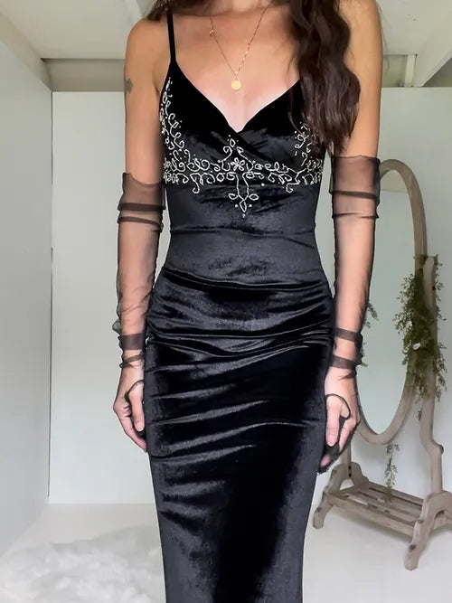 Vestido de fiesta vintage de terciopelo negro con tirantes finos y corte sirena, sin espalda, TP2543
