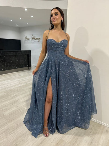 Elegant Blue Straps Sparkling Slit A-Line Formal Long Prom Dress Evening Gown TP2547