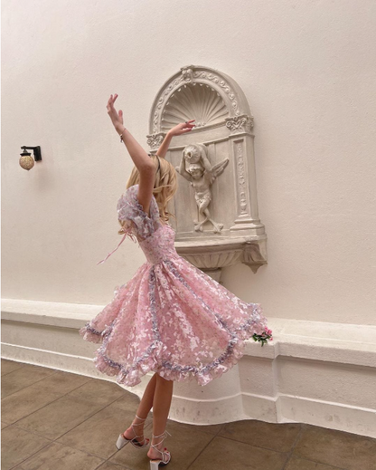 Sweetheart Pink Printed Short Sleeve A-Line Knee Length Birthday Party Dress Homecoming Dress TP2548