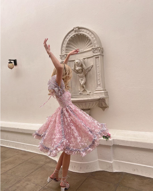 Sweetheart Pink Printed Short Sleeve A-Line Knee Length Birthday Party Dress Homecoming Dress TP2548