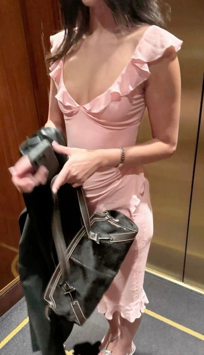 Vestido de fiesta de sirena con escote corazón, sin mangas, tirantes finos y volantes, color rosa, TP2553