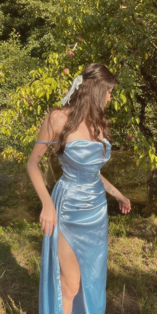 Elegante vestido de fiesta largo de satén azul claro con tirantes y aberturas, vestido de dama de honor TP2560