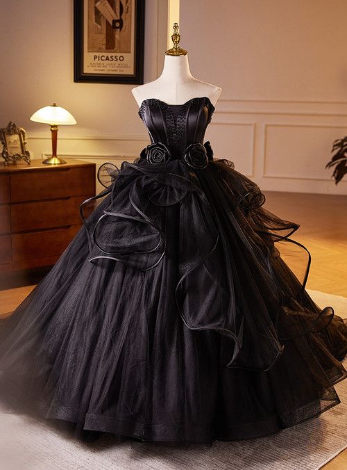Vestido de noche formal negro con hombros descubiertos, sin mangas, corte A, tul, largo hasta el suelo, vestido de fiesta TP2562