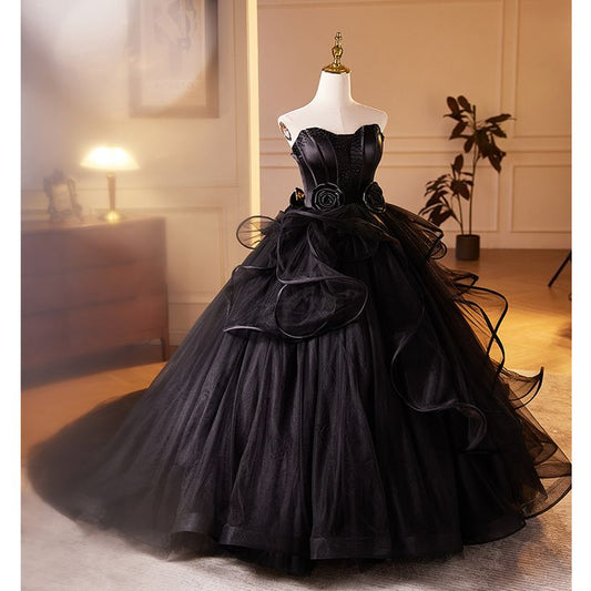 Formal Evening Gown Black Off Shoulder Sleeveless A Line Tulle Floor Length Evening Gown Prom Dress TP2562