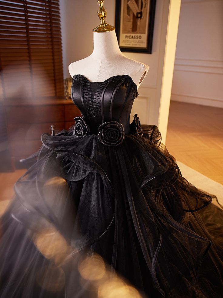 Vestido de noche formal negro con hombros descubiertos, sin mangas, corte A, tul, largo hasta el suelo, vestido de fiesta TP2562