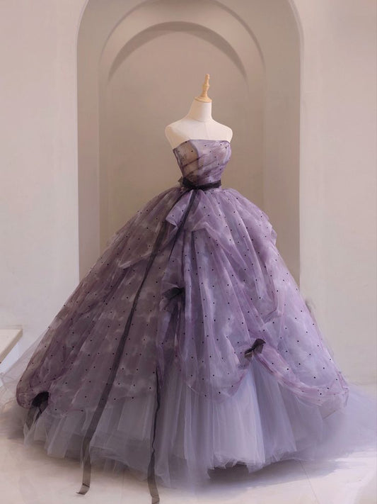 Vestido de fiesta largo de tul sin tirantes, corte A, color morado de ensueño, estilo princesa, TP2564