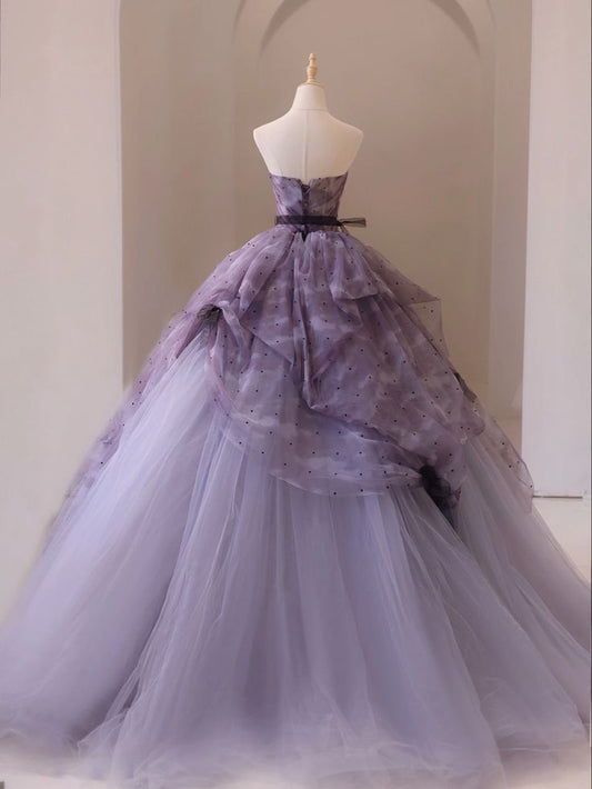 Vestido de fiesta largo de tul sin tirantes, corte A, color morado de ensueño, estilo princesa, TP2564