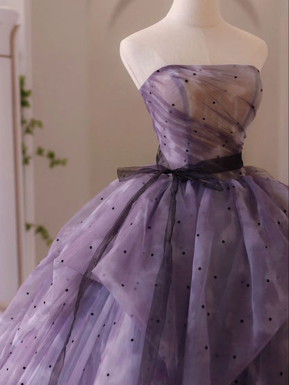 Vestido de fiesta largo de tul sin tirantes, corte A, color morado de ensueño, estilo princesa, TP2564