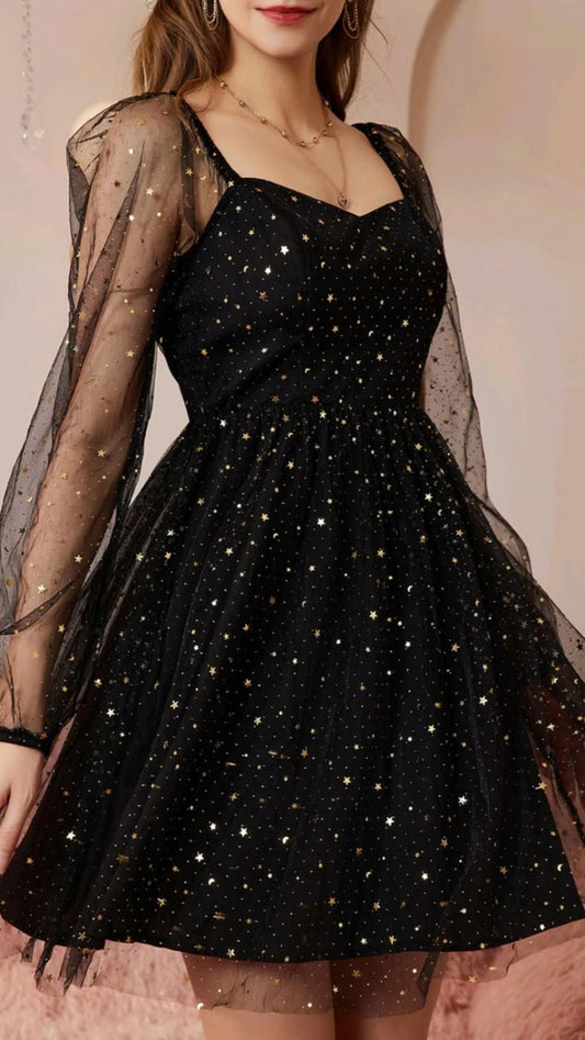 Black A-Line Long Sleeve Tulle Sequin Short Prom Dress Homecoming Dress TP2570