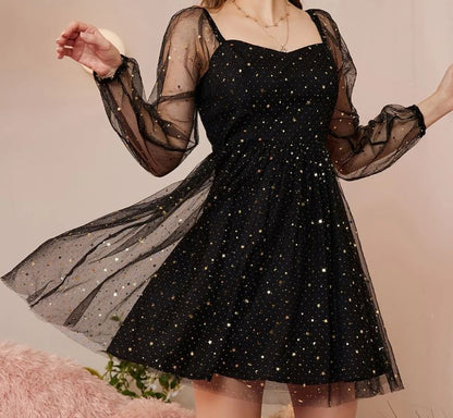 Black A-Line Long Sleeve Tulle Sequin Short Prom Dress Homecoming Dress TP2570