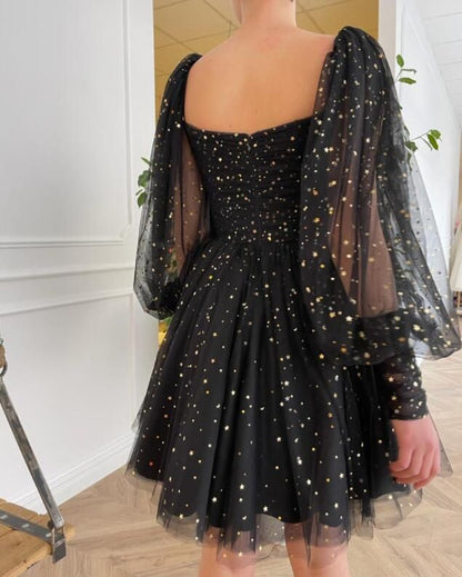 Black A-Line Long Sleeve Tulle Sequin Short Prom Dress Homecoming Dress TP2570