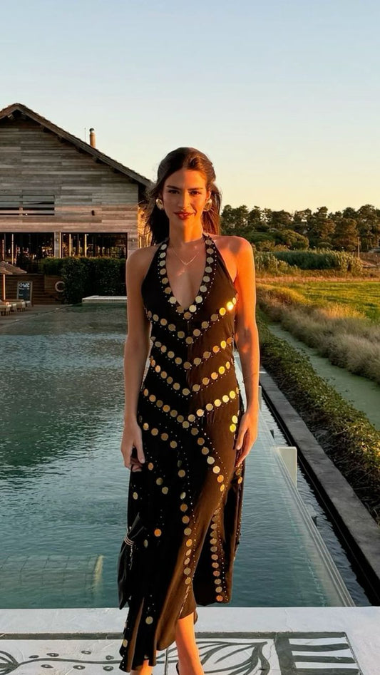 Elegante vestido de fiesta largo de gasa con escote halter, lentejuelas y espalda descubierta, color negro, TP2571