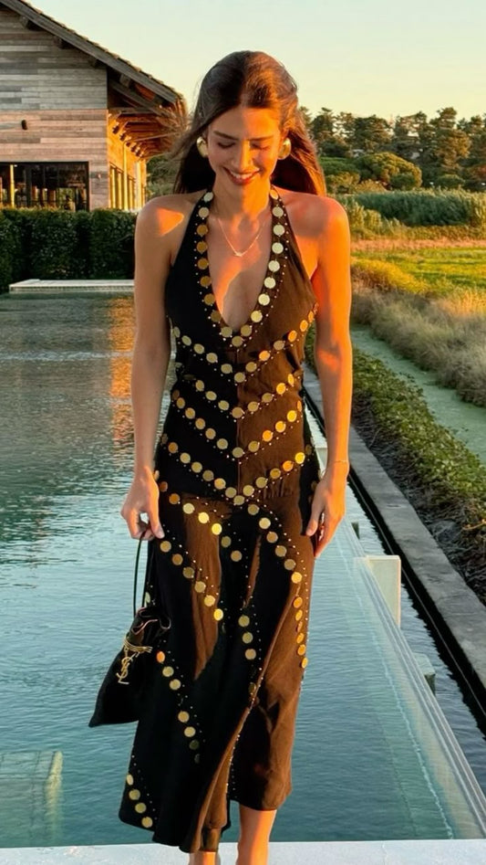 Elegante vestido de fiesta largo de gasa con escote halter, lentejuelas y espalda descubierta, color negro, TP2571