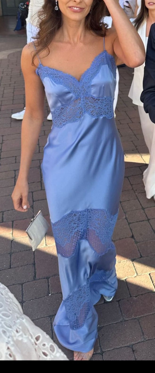 Elegante vestido de noche de satén de seda con encaje y tirantes azules TP2572