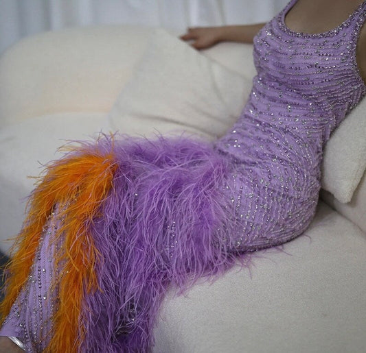 Vestido de noche morado brillante con cuello halter, sin mangas y lentejuelas, corte sirena, TP2573