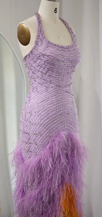Vestido de noche morado brillante con cuello halter, sin mangas y lentejuelas, corte sirena, TP2573