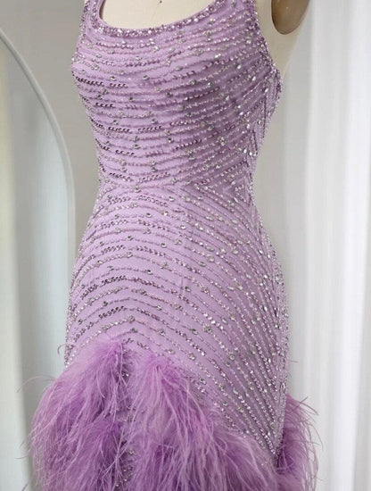 Vestido de noche morado brillante con cuello halter, sin mangas y lentejuelas, corte sirena, TP2573