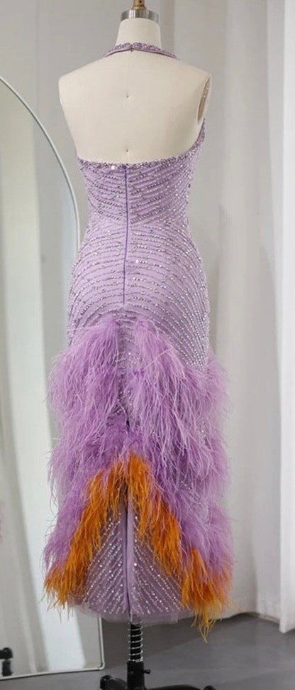 Vestido de noche morado brillante con cuello halter, sin mangas y lentejuelas, corte sirena, TP2573