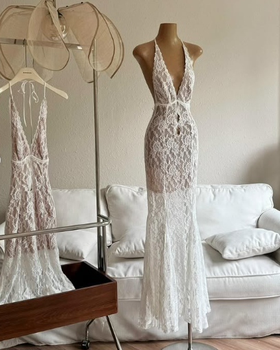 Sexy Deep V Neck White Lace Halter Backless Mermaid Prom Dress Evening Dress TP2574