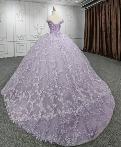 Gorgeous A-line purple tutu off-the-shoulder floral dress with tail prom dress evening dress TP2575