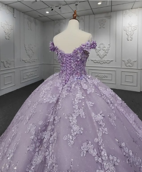 Gorgeous A-line purple tutu off-the-shoulder floral dress with tail prom dress evening dress TP2575