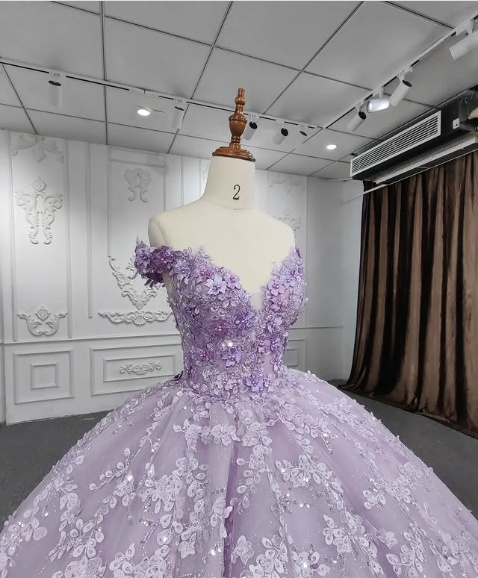 Gorgeous A-line purple tutu off-the-shoulder floral dress with tail prom dress evening dress TP2575