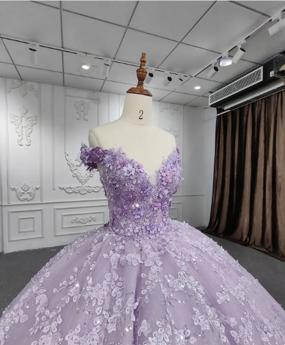 Gorgeous A-line purple tutu off-the-shoulder floral dress with tail prom dress evening dress TP2575