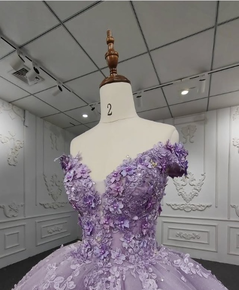 Gorgeous A-line purple tutu off-the-shoulder floral dress with tail prom dress evening dress TP2575