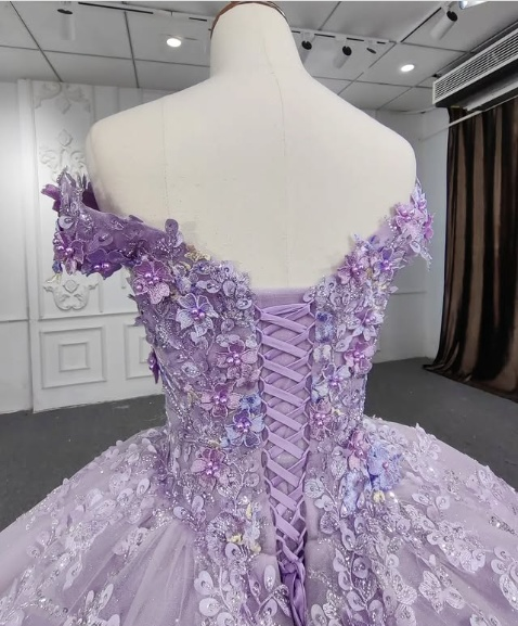 Gorgeous A-line purple tutu off-the-shoulder floral dress with tail prom dress evening dress TP2575