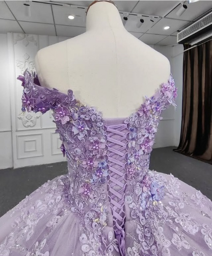 Gorgeous A-line purple tutu off-the-shoulder floral dress with tail prom dress evening dress TP2575