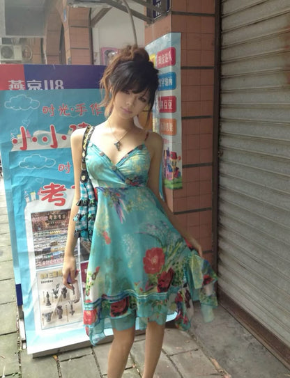 Vintage Strapless V Neck Sleeveless Chiffon Printed Short Party Dress Homecoming Dress TP2578