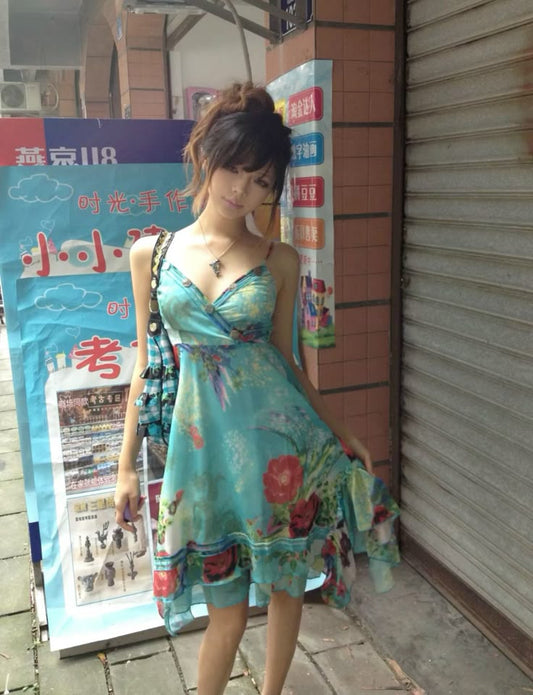 Vintage Strapless V Neck Sleeveless Chiffon Printed Short Party Dress Homecoming Dress TP2578
