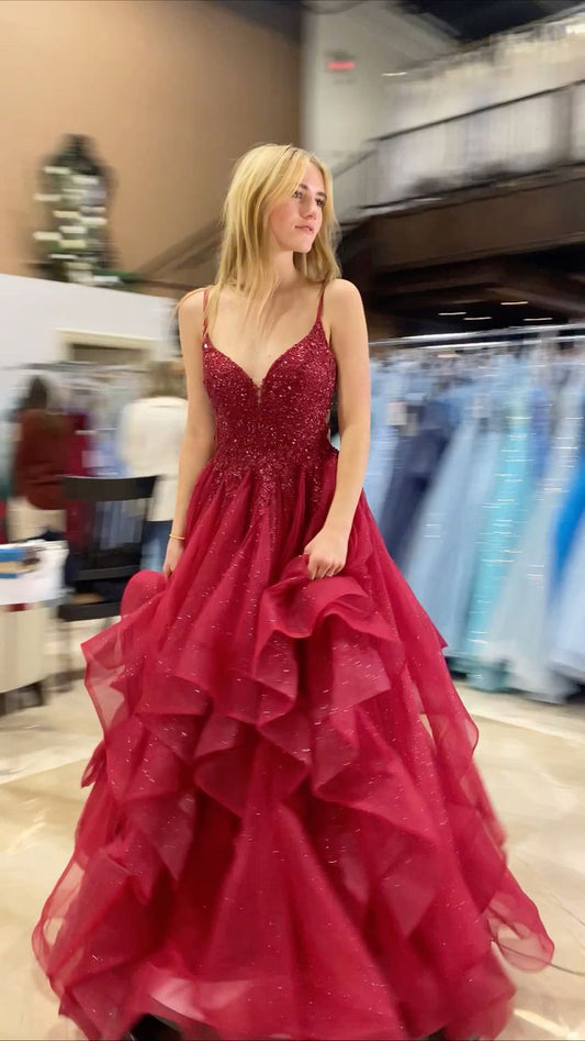 Elegante vestido de fiesta burdeos con corte en A y tirantes finos, brillante, TP2580