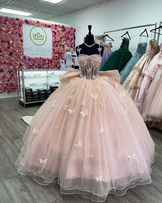 Vestido de fiesta de tul con lazo rosa y mariposa, corte A, tutú, TP2584