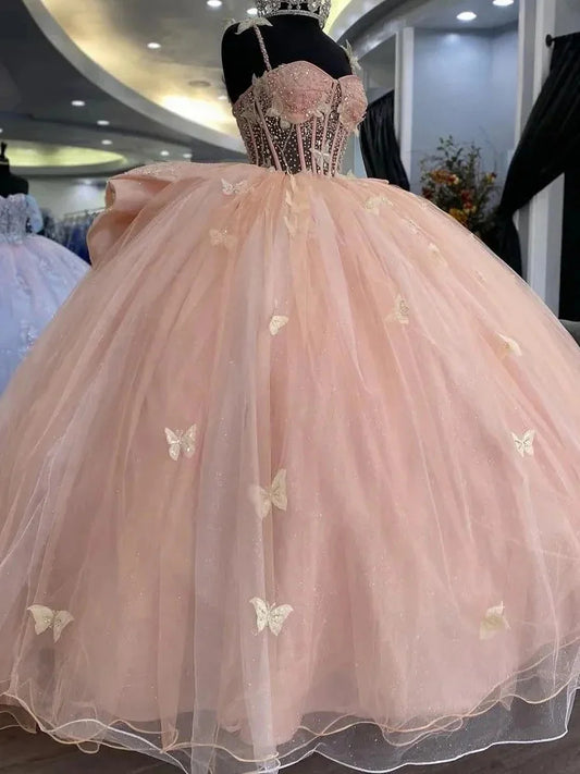 Vestido de fiesta de tul con lazo rosa y mariposa, corte A, tutú, TP2584