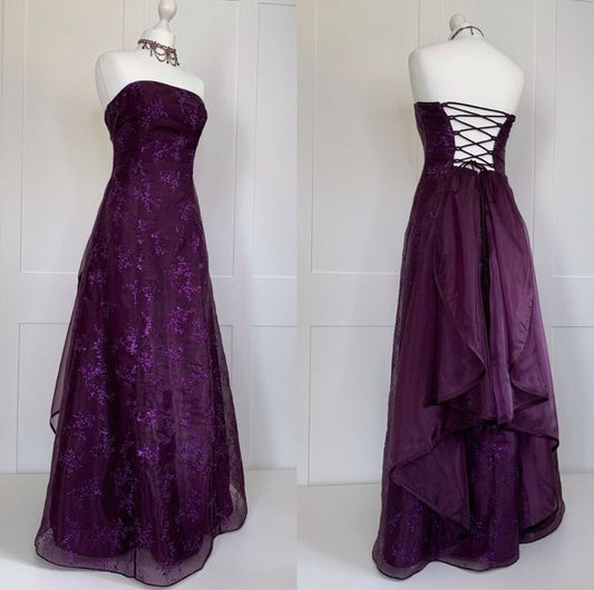 Vestido de fiesta retro morado sin tirantes, floral, corte A, vestido de noche TP2589