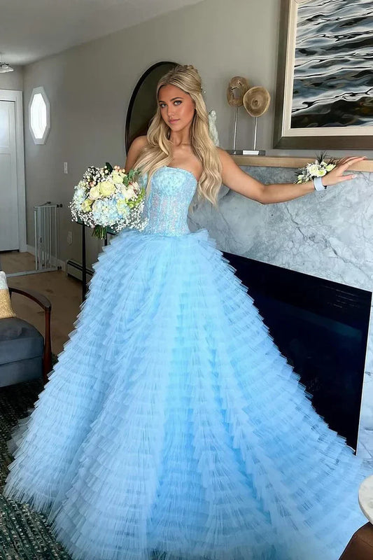 Hermoso vestido de fiesta azul sin mangas con hombros descubiertos, corte A, abertura en tul en capas hasta el suelo, vestido de dama de honor TP2595