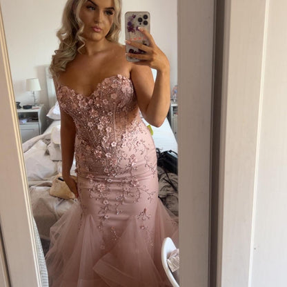 Elegante vestido de noche rosa sin tirantes, escote corazón, sirena, tul, largo, para fiesta, TP2596