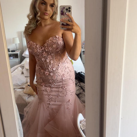 Elegante vestido de noche rosa sin tirantes, escote corazón, sirena, tul, largo, para fiesta, TP2596