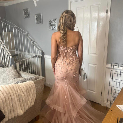 Elegante vestido de noche rosa sin tirantes, escote corazón, sirena, tul, largo, para fiesta, TP2596