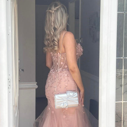 Elegante vestido de noche rosa sin tirantes, escote corazón, sirena, tul, largo, para fiesta, TP2596
