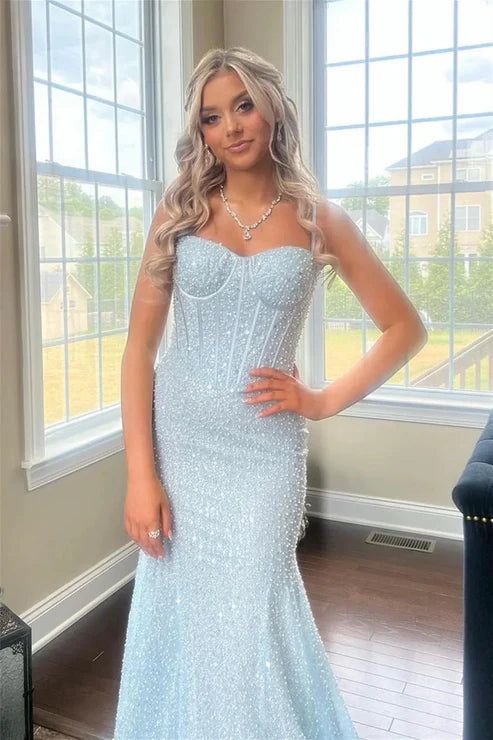 Vestido de fiesta azul claro brillante con tirantes finos y cuentas, largo hasta el suelo, TP2597