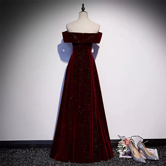 A-Line Off Shoulder Velvet Burgundy Long Prom Dress, Burgundy Formal Dress  TP26