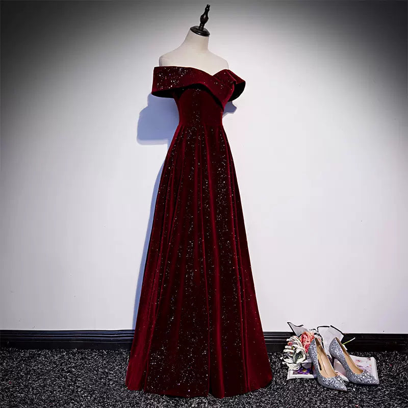 A-Line Off Shoulder Velvet Burgundy Long Prom Dress, Burgundy Formal Dress  TP26