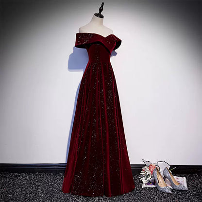 A-Line Off Shoulder Velvet Burgundy Long Prom Dress, Burgundy Formal Dress  TP26