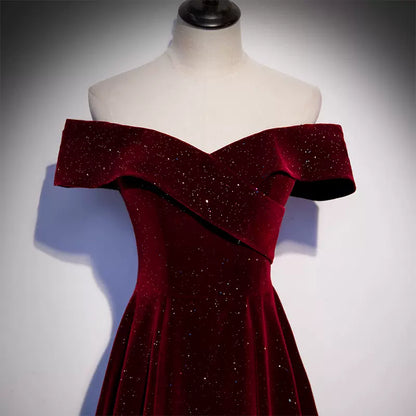 A-Line Off Shoulder Velvet Burgundy Long Prom Dress, Burgundy Formal Dress  TP26