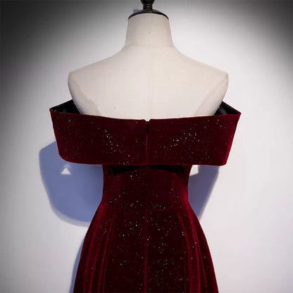 A-Line Off Shoulder Velvet Burgundy Long Prom Dress, Burgundy Formal Dress  TP26