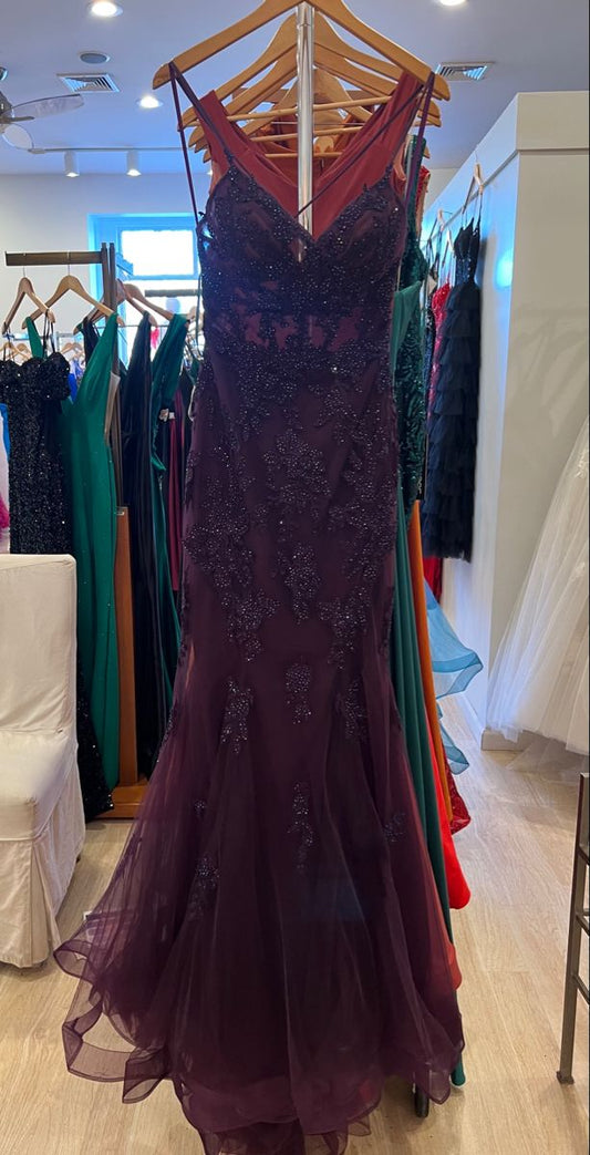 Vestido de noche vintage de tul con escote en V, estilo sirena, sin tirantes y encaje morado, TP2602