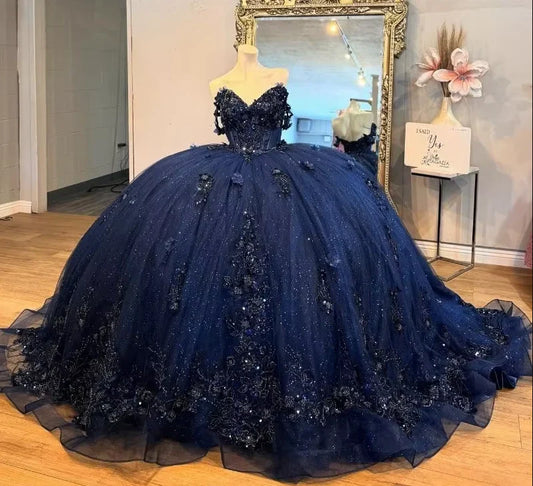 Vestido de fiesta azul marino con tutú, corte A, hombros descubiertos, lentejuelas, tul, largo hasta el suelo, TP2604